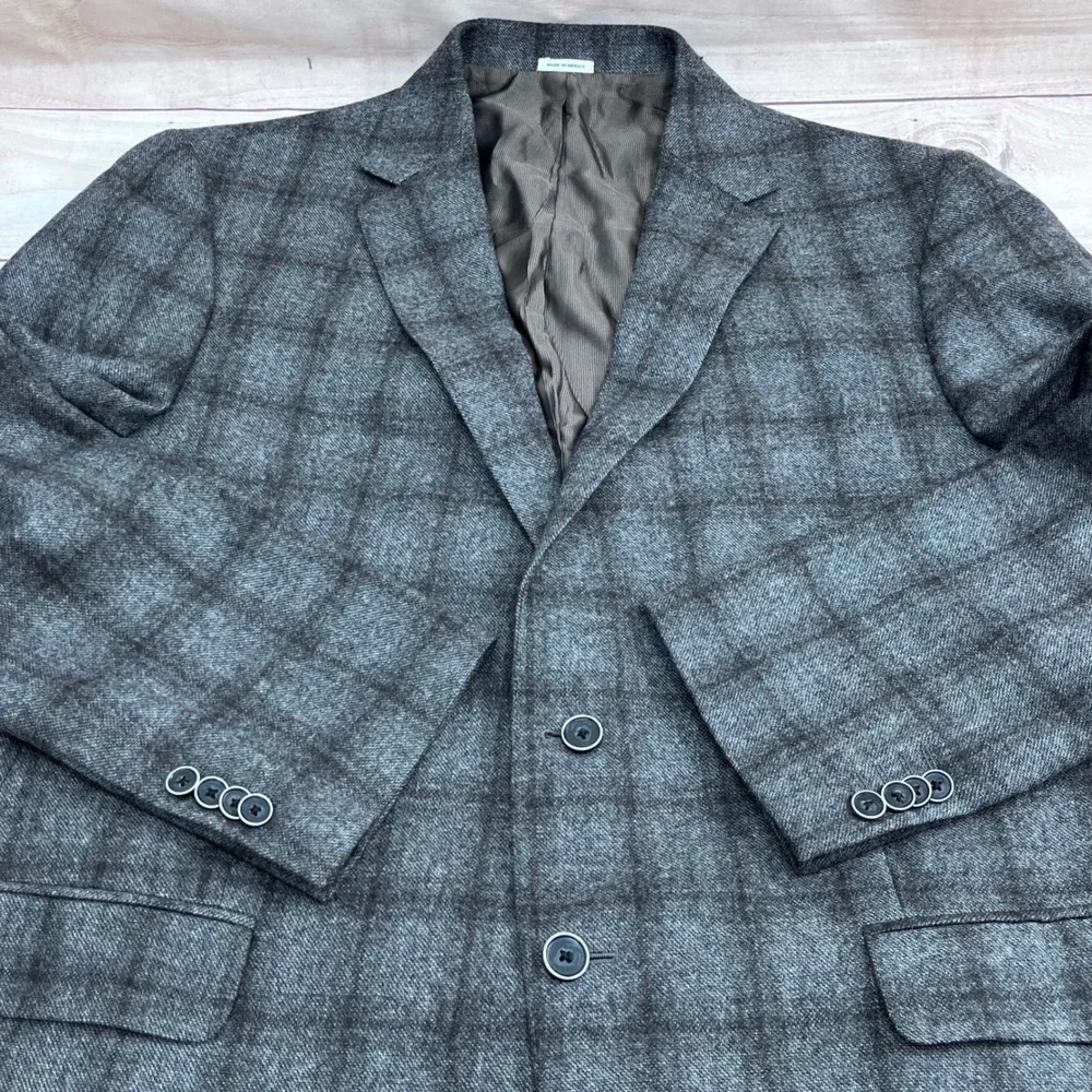 Joseph Abboud Sport Coat 46R Charcoal‎ Grey Wool Cashmere E. Thomas Plaid Blazer